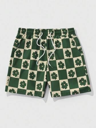 Street Life Herren Sommer Lässig Shorts mit Schachbrett- und Blume Muster, Kordelzug Taille