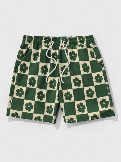 Street Life Men's Summer Casual Checkerboard & Floral Print Drawstring Waist Shorts