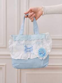 ROMWE Anime Lolita 卡哇伊字母刺绣蕾丝和心形花卉拼布蓝白芭蕾舞鞋手提包饰物，适合休闲外出和洛丽塔时尚配饰 - 藍色 - 查看 5