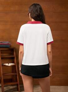 HARRY POTTER X SHEIN Camiseta tipo ringer con cuello en V con estampado de león y letras, estilo universitario informal, para verano - Blanco - Ver 2