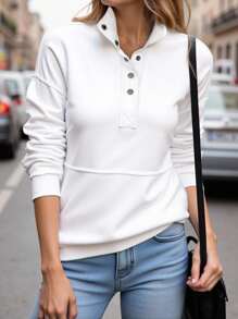 INAWLY 女式休闲纯色立领套头衫秋季 - 白色 - 查看 1