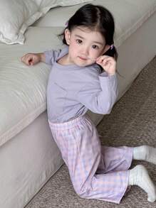 Dazy Kids Baby Girl Casual Knit Round Neck Short Sleeve Top And Plaid Loose Pants, Pajama Set Toddler - Purple - View 6