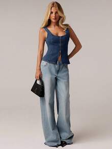 SHEIN Forever 21 Women's Casual Summer Front Zipper Fitted Denim Blouse - Royal Blue - View 5