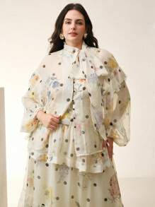 Anewsta Plus Size Elegant Polka Dot Ruffle Trim Casual Shirt