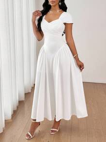 SHEIN Lady 夏季优雅交叉领缩褶拼接V领白色连衣裙女式长裙女式夏季连衣裙女式白色连衣裙女式生日连衣裙婚礼宾客连衣裙女式连衣裙优雅 - 白色 - 查看 6