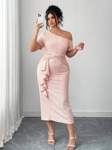 Elenzga Plus Size Women Jacquard Asymmetric Collar Short Sleeve Ruffle Trim Elegant Dress