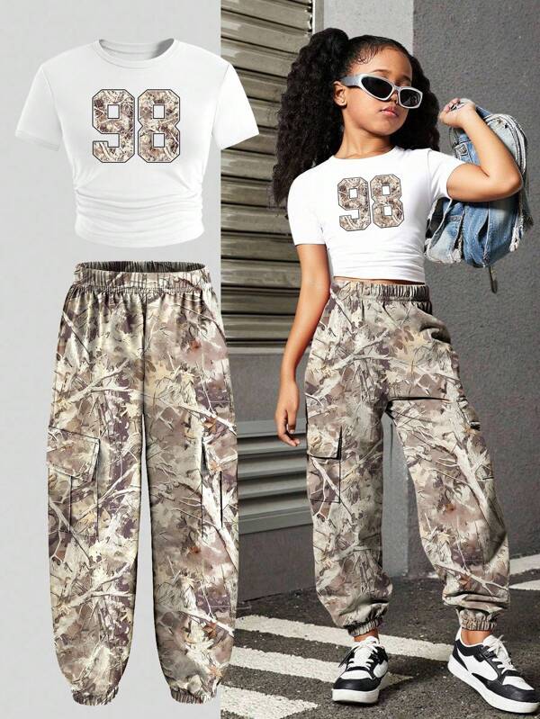 SHEIN 2pcs/Set Big Girls Number Camo Print Casual Outfit, Short Sleeve Tops And Jogger Pants Set, School, Campus, College