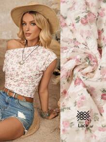 LanaWest Blouse asymétrique à épaules dénudées avec volants en dentelle florale pour femmes, d'été - Multicolore - Voir 1
