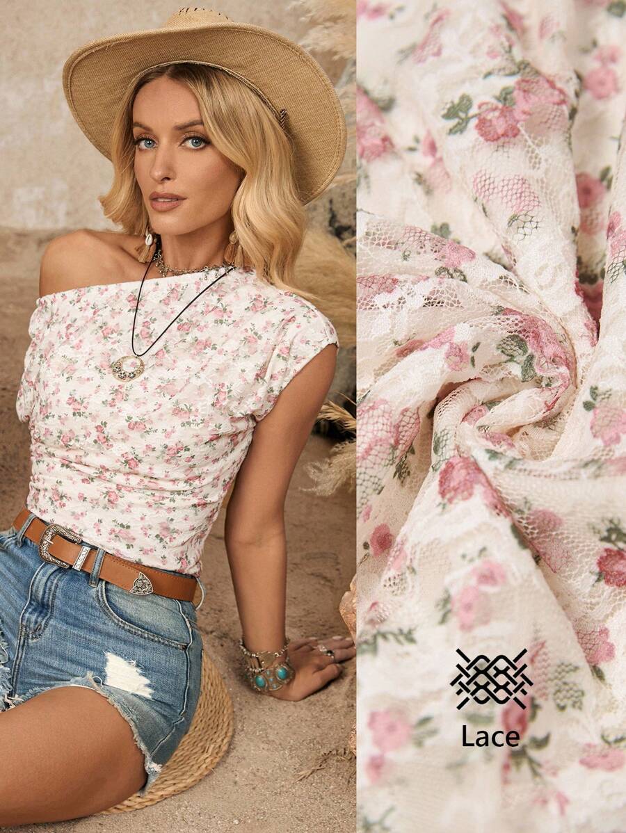 LanaWest Blouse asymétrique à épaules dénudées avec volants en dentelle florale pour femmes, d'été - Multicolore - Voir 1