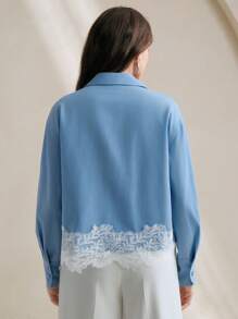 Anewsta Women's New Blue Lace Patchwork Long Sleeve Elegant Blouse, Suitable For Work