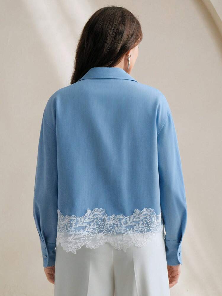 Women's New Blue Lace Patchwork Long Sleeve Elegant Blouse, Suitable For Work