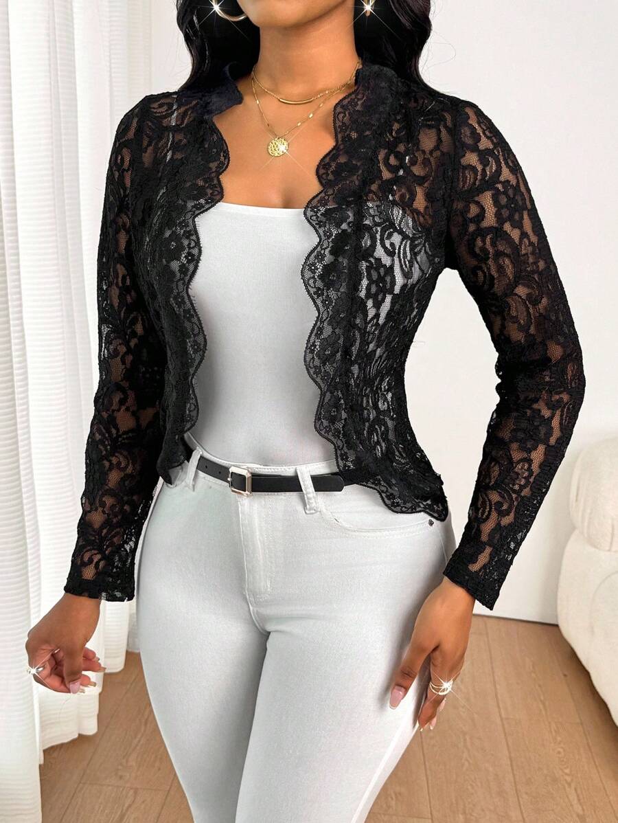 SHEIN Lady Elegante lässige Damen Pendelkleidung Jacke mit Rüschen aus Spitze für alle Jahreszeiten