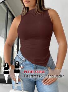 SHEIN PETITE CURVE Plus Size Casual Solid Color Asymmetric Hem Tank Top,For People Of Shorter Stature - Brown - View 1