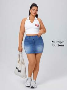 SHEIN Essnce Plus Size Summer Casual Button-Front Denim Mini Skirt