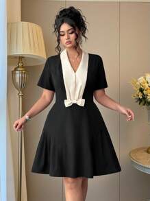 Elenzga Plus Size Women Elegant Casual Color Block Collar Bowknot, Waist Defined, Ruched A-Line Mini Dress, Short Sleeve, Spring/Summer - Black - View 4