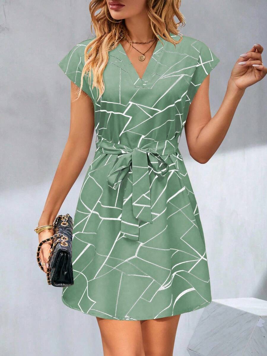 Chiquease 女士 V 领全印花腰带短袖连衣裙 - 綠色 - 查看 1