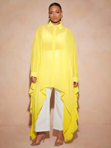 Vixey 透明雪纺荷叶边蝙蝠袖纽扣领上衣 - 黃色 - 查看 6