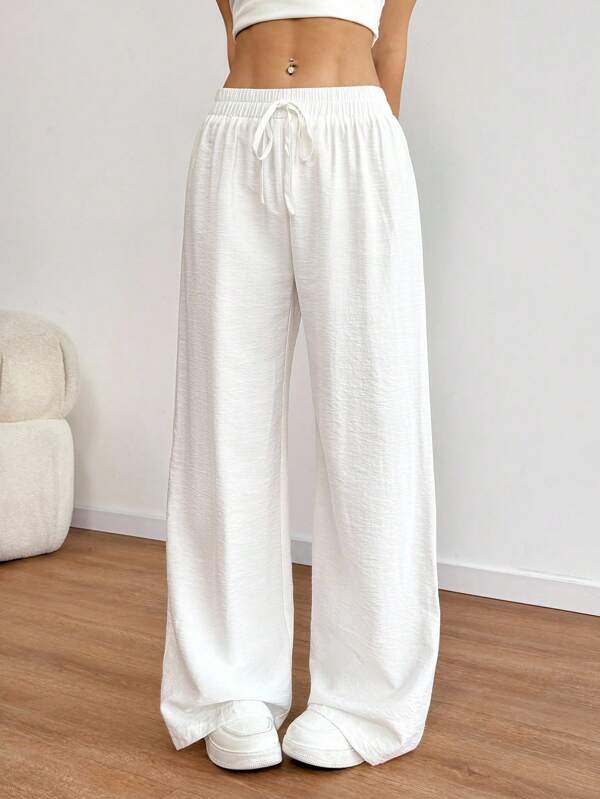 Sweetra Dames linnen elastische taille wijde rechte broek, casual resortstijl, lente/zomer