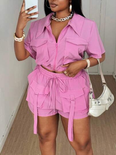 Maweii Plus Size 2pcs Set Summer Casual Daily Outgoing Utility Outfit, Collared Shirt With Big Pockets And Shorts