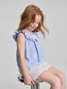 Ontre Young Girl Ruffled Floral Embroidery Round Neck Tank Top - Blue - View 6