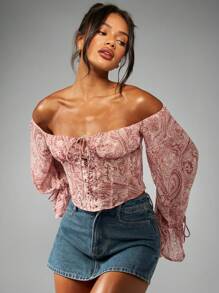 MISSGUIDED 佩斯利雪纺露肩紧身胸衣泡泡袖衬衫节日文艺复兴波西米亚风上衣乡村风夏季春季 - 彩色 - 查看 5