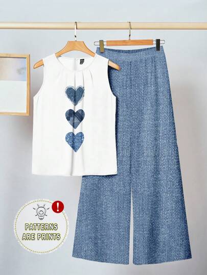 SHEIN Clasi 2pcs Set Casual Simple Blue Mechanical Heart Pattern & Full Mechanical Print Design Women Summer Outfits Wide Leg Pants Set Women Summer Pant Set 2 Pieces Summer Set Women Suitable For Going Out