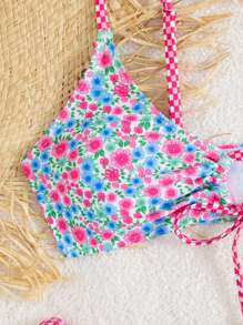 Swim Mod Conjunto de bikini de estilo de vacaciones lindo con estampado floral Ditsy, tanga con nudo para mujer para verano, playa y festivales de música, accesorios con diseño de caracol