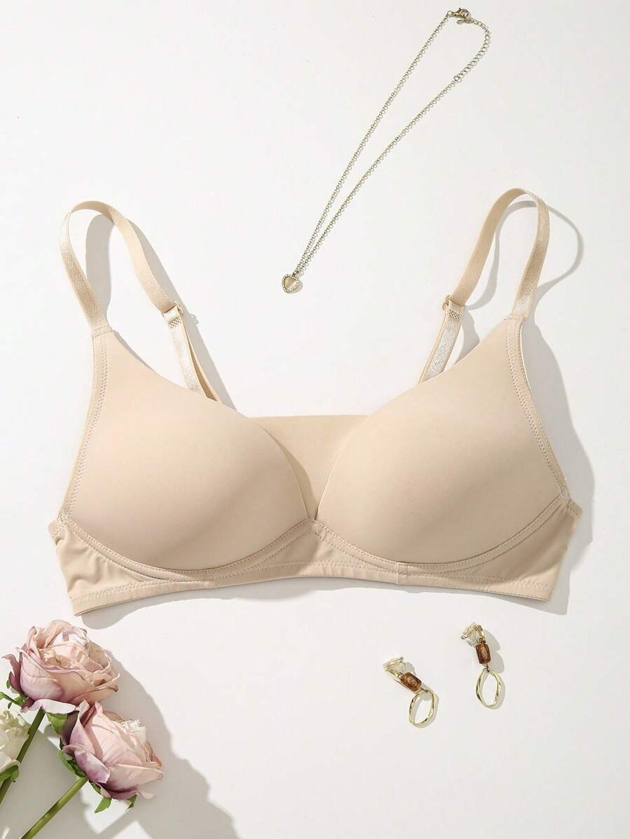 SHEIN 1 件女士无钢圈、无钢圈、不透、舒适无钢圈全罩杯文胸，休闲风格 - 杏色 - 查看 1