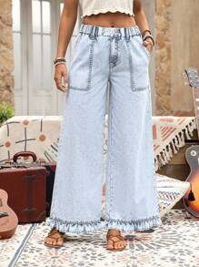 EMERY ROSE Plus Size Denim Vacation Style Ruffle Hem Wide Leg Pants