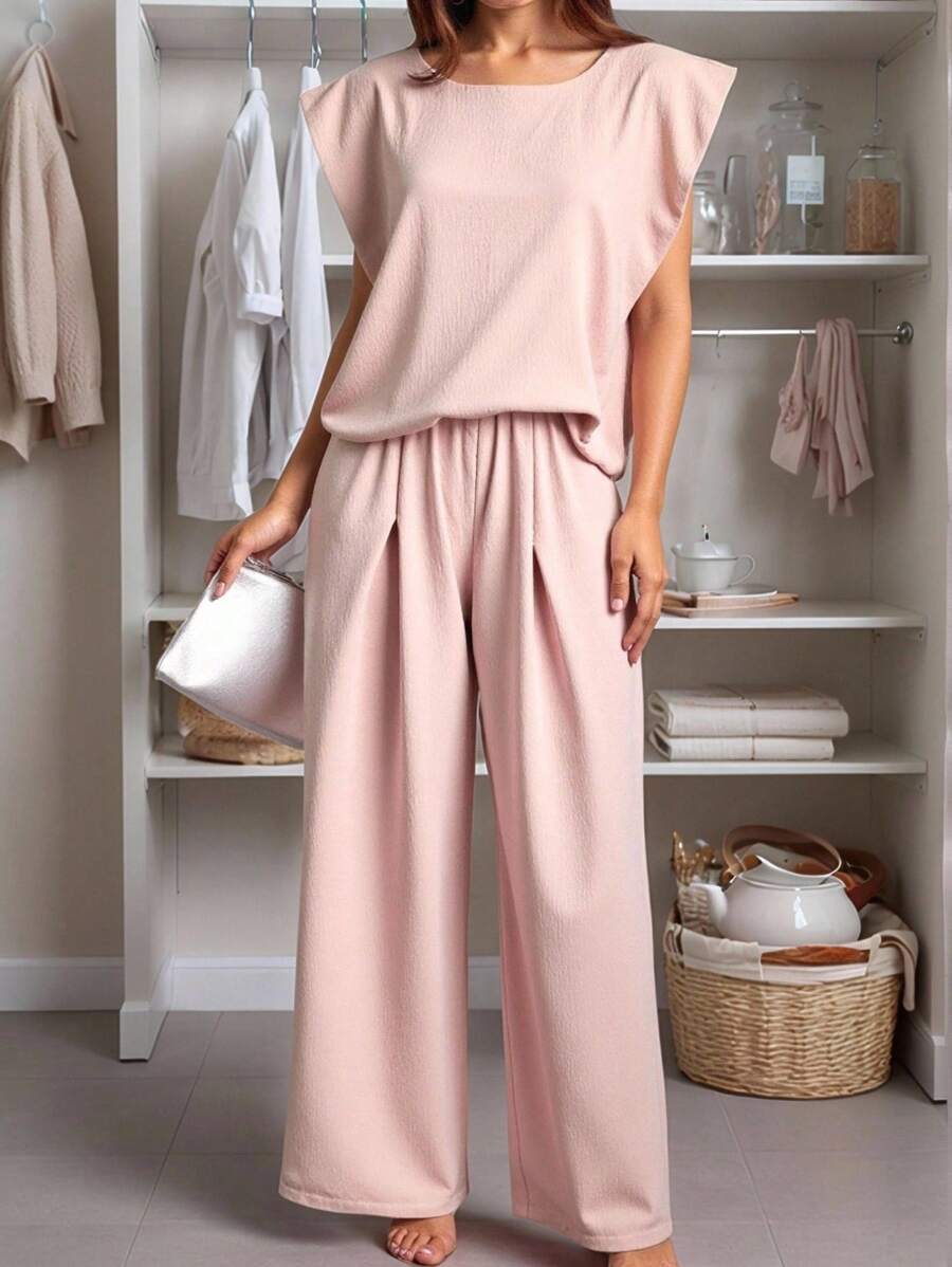 INAWLY Modisches, lässiges, weites ärmelloses Top und Hose mit weitem Bein und elastischem Bund, 2-teiliges Set für Frauen - Khaki - Übersicht 1