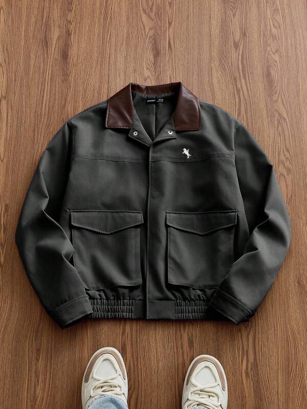 EASEVO Plus Size Men Colorblock Collar Jacket, Casual Wear For Spring And Autumn, For Fall Winter