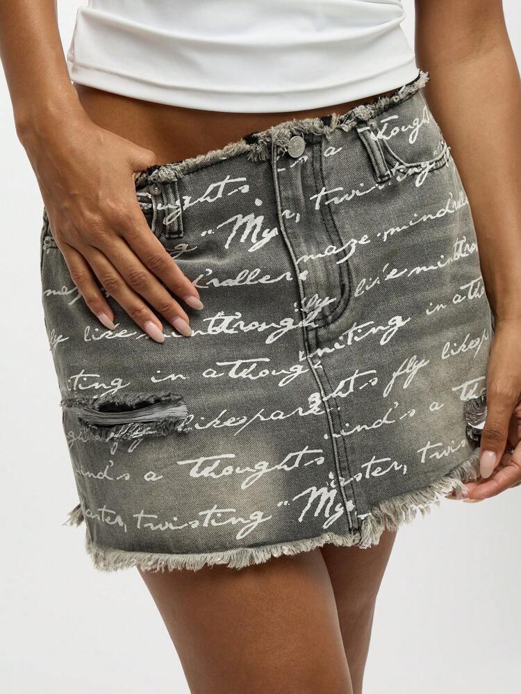 SUMWON WOMEN High Rise Frayed Distressed Script Print Mini Raw Edge Ripped Women Denim Skirt