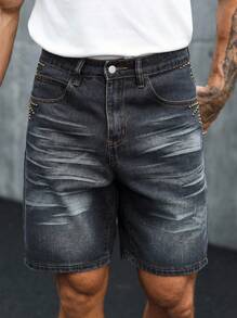 Manfinity LEGND Shorts Denim Lavada Casual Masculina para Verão - Cinza - Visão 5