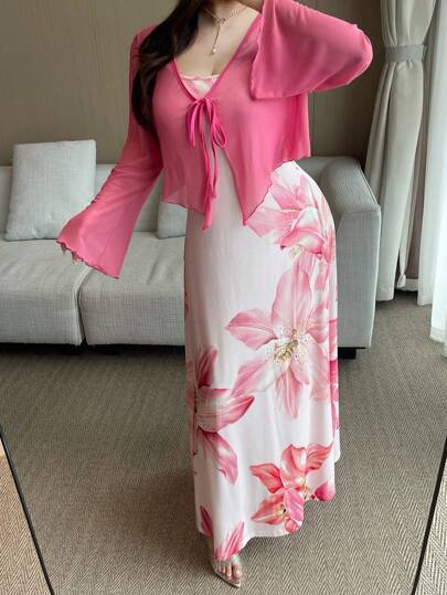 Vibekara Plus Size Women's Elegant Floral Print Maxi Dress With Waist Tie Sheer Short Jacket, 2 Pieces Set