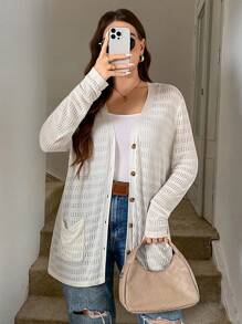 SHEIN LUNE Áo len cardigan dệt kim rỗng màu trơn đa năng cỡ lớn, thường ngày - trắng - Xem 5