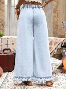 EMERY ROSE Plus Size Denim Vacation Style Ruffle Hem Wide Leg Pants