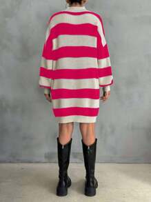 EURMUSE Women Drop Shoulder Sweater Dress With Striped Pattern,Petite - Hot Pink - View 3