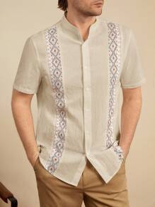 HIMLAND Men's Holiday Casual Printed Patchwork Stand Collar Short Sleeve Shirt
