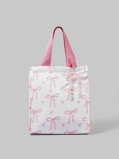 Kawaii Bolsa térmica portátil y linda para el almuerzo con decoración de lazo blanco
