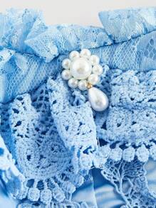 SHEIN MOD 蓝色梦幻浪漫精致蕾丝和缎面拼布连衣裙，带有层叠荷叶边下摆和蝴蝶结装饰，适合约会、派对、节日、茶会、生日 - 藍色 - 查看 3