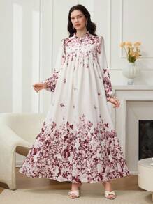 Al Najma Damen Blume Muster Stehkragen Laternenmärmmel Patchwork Volant Saum Loose Langes Kleid