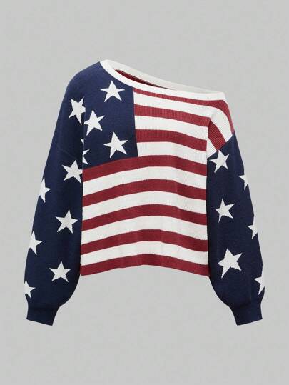 Hippie Y2K Vintage American Flag Loose One Shoulder Casual Knit Sweater For Women