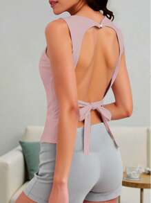 INAWLY Women Simple Sexy Lace Up Backless Solid Color Tank Top - Dusty Pink - View 4