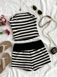 SHEIN Set di canotta e pantaloncini a righe, casual e minimalista, comodo, per ragazze pre-adolescenti