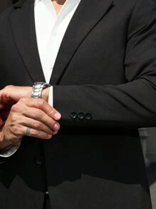 Manfinity Mode 男士大码两件套西装：纯色夹克和裤子 - 黑色 - 查看 7