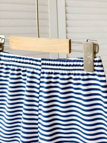 SHEIN 青少年女孩宽松休闲简约舒适圆领无袖条纹背心和短裤套装 - 藍色 - 查看 4