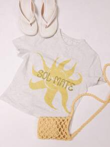 MUSERA 修身太阳图案婴儿T恤，春假波西米亚风伊比沙岛优雅海滩可爱返校季优雅夏季嘉年华 - 灰色 - 查看 1