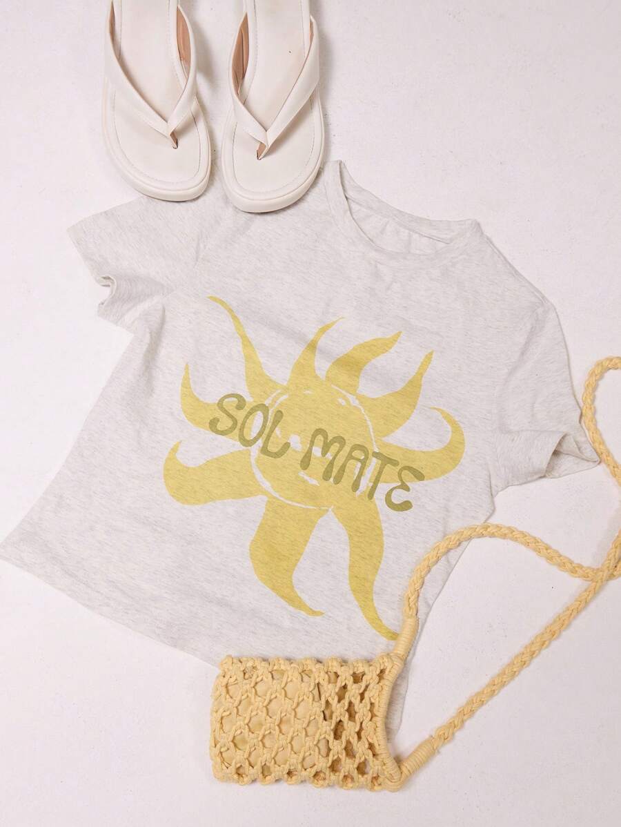 MUSERA 修身太阳图案婴儿T恤，春假波西米亚风伊比沙岛优雅海滩可爱返校季优雅夏季嘉年华 - 灰色 - 查看 1