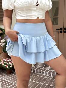 SHEIN EZwear 大码女式纯色百褶休闲百搭约会外出伞裙 - 天藍色 - 查看 5