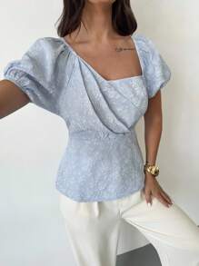 Firerie Women's Elegant Vacation Beach Graduation Daily Casual Blue Jacquard Textured Fabric Asymmetric Collar Design Puff Sleeve Cinched Waist Blouse, Suitable For Office, Airport, Travel, Going Out - Blue - View 1